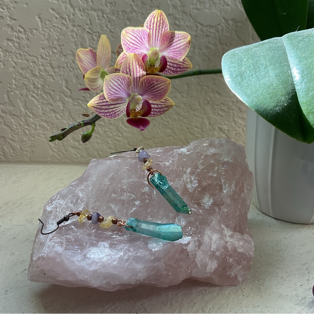 Green Aura Quartz and Copper Earrings